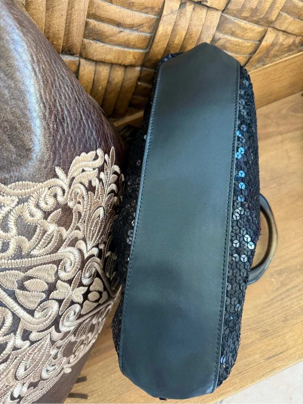 Vintage black sequin handbag with wood trim and handles.